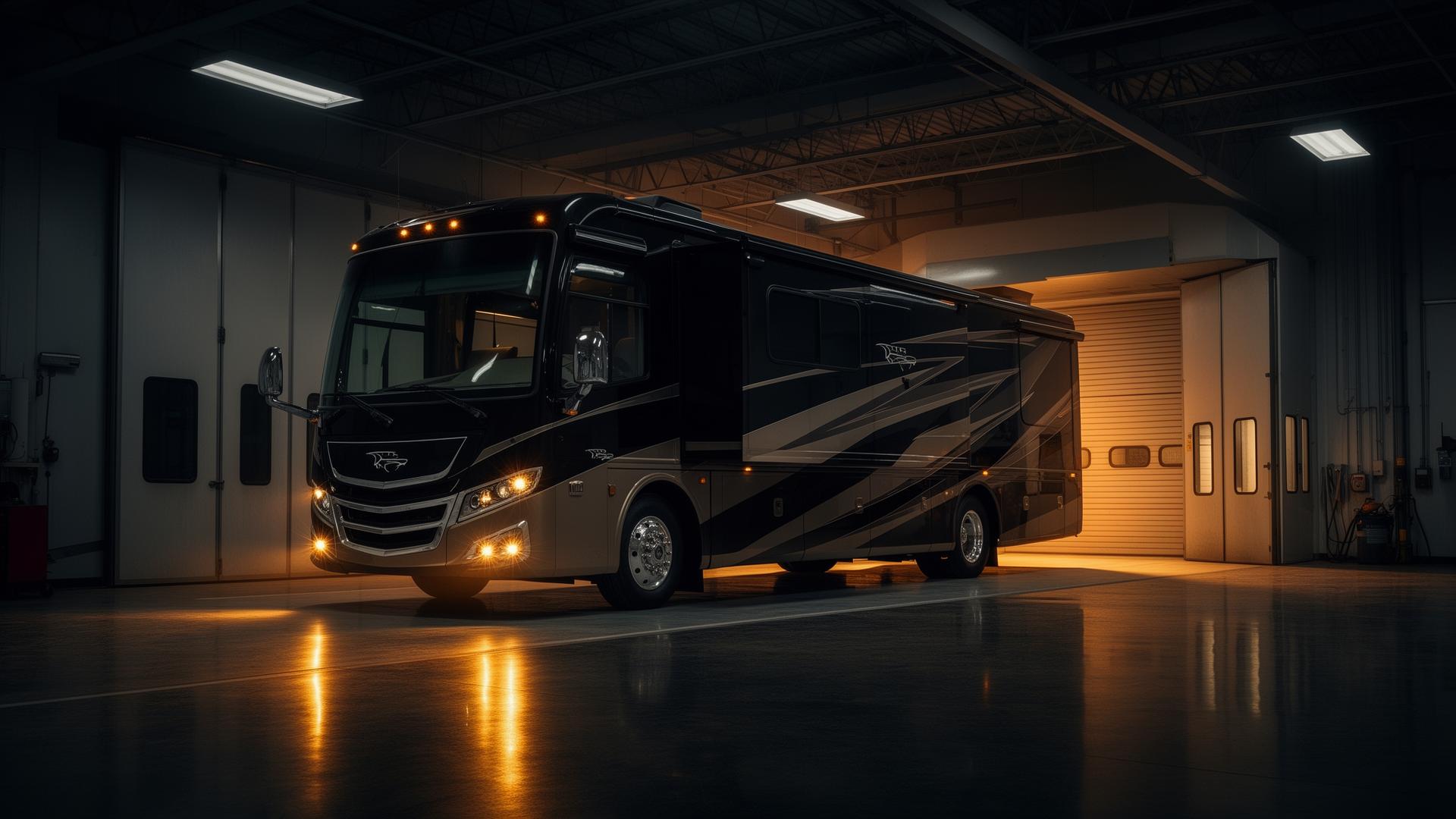 Luxury motorhome in LUX collision repair facility